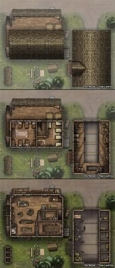 an overhead view of the floor plan for a house with several rooms and two bathrooms