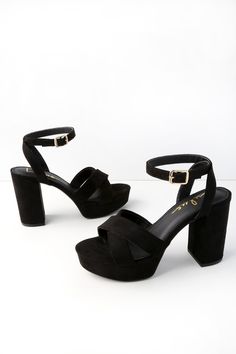 Kick your OOTN up a notch by slipping on the Lulus Selah Black Suede Ankle Strap Heels! Thick, vegan suede straps cross over a peep-toe upper, while an ankle strap wraps around ankle and secures with a gold buckle. 1"" toe platform. 4" wrapped block heel. Cushioned insole. Rubber sole has nonskid markings. All Man Made Materials. Imported. Lulus | Selah Black Suede Ankle Strap Heels | Vegan Friendly. Thick Vegan, Trendy High Heels, Black Ankle Strap Heels, Womens Black Booties, Prom Heels, Ankle Strap High Heels, Heels Platform, Fashion Heels, Evening Shoes