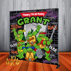 a birthday card with the image of teenage turtles on it and words that say, happy 7th birthday grantt