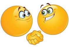 two yellow smiley faces with one pointing at the other's head and another smiling