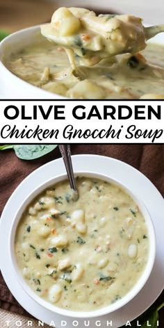 two pictures showing different types of soup in white bowls, one with chicken gnocchi sauce and the other with spinach