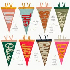 a bunch of pennants that have different words on them