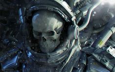 a skull in a space suit with headphones