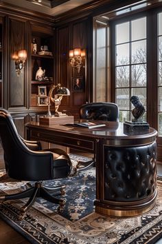 an elegant desk and chair sit in front of large windows