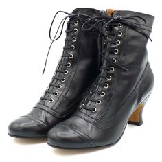 Mid-ankle lace up boot, features faux laces and a side zip for easy entry. All leather construction with a new improved genuine leather out-sole Whole and half Witchy Shoes, Steampunk Mode, Medieval Shoes, Underground Film, Baby Avengers, Cheap Ankle Boots, Victorian Shoes, Victorian Boots, Mid Heel Boots