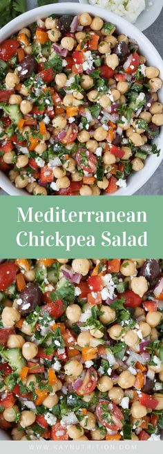 mediterranean chickpea salad in a white bowl with the title overlay above it