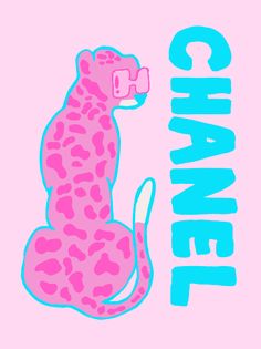 a pink and blue cheetah sitting on top of the word change in front of it