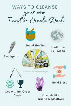 tarot cards surrounded by a smudge stick; a sound healing bowl; the moon; hands with a circle of energy; crystals; and a pentacle, cup, wand, and sword. Cleansing Methods, New Tarot Deck, Tarot Interpretation, Clean And Clear, Oracle Card Reading, How Do You Clean