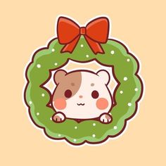 an animal sticker with a bow on it's head, sitting in a wreath