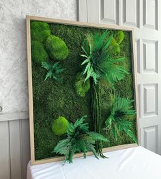 an arrangement of plants and moss in a wooden frame on a white cloth covered table