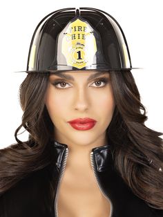 a woman wearing a fireman's helmet with the number 1 on it and red lipstick