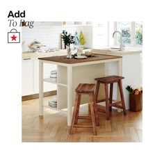 two stools sit at the end of a kitchen island