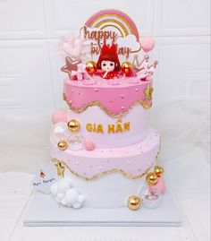 a pink and gold birthday cake with decorations on it's top, in front of a white background