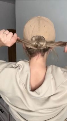 Stock Show Hairstyles, Low Bun With Hat, Hair Styles For Hats, Hairstyles With Hats Ball Caps, Hair With Baseball Hat, Ball Cap Hair, Cute Hairstyles With Hats