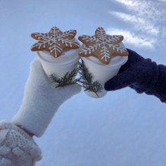 a person holding two cups with cookies in it and snow flakes on top of them