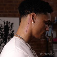 Small Men’s Neck Tattoos, Text Tattoo On Neck, Neck Word Tattoo Men, Brent Tattoo Ideas, Name On Neck Tattoo Men, Behind Ear Men Tattoo, Behind Ear Word Tattoo, Neck Tattoo For Guys Small Words, Neck Tattoo For Guys Words