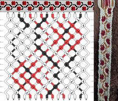 a close up of a piece of art on a carpet next to an object with red, black and white designs