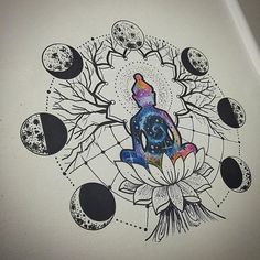 a drawing of a buddha sitting on top of a lotus in front of the moon