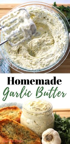 homemade garlic butter recipe in a glass bowl and on a plate with garlic, parsley and bread