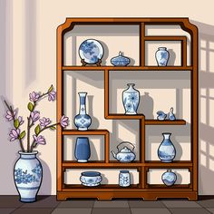 a wooden shelf with vases and flowers on it in front of a wall mounted bookcase