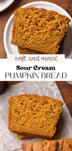 two slices of soft and moist sour cream pumpkin bread on white plates with text overlay