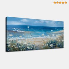 a painting of the beach with daisies on it and blue water in the background