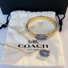 Coach Necklace & Bracelet Set, Gold Tone Metal & Chain, Purple Color Crystal, Estimated 16” In Chain With Extender, Estimated 8” In Bracelet. Nwot Coach Bracelets, Coach Necklace, Coach Earrings, Open Circle Necklace, Black Bangle, Rose Stud Earrings, Coach Jewelry, Bar Stud Earrings, Halo Earrings Studs