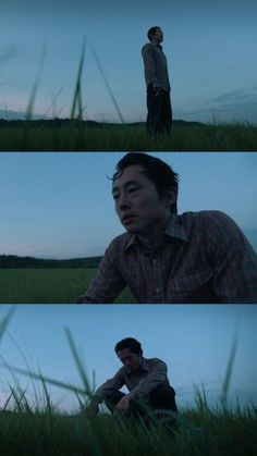 three different shots of a man sitting in the grass with his hands on his face