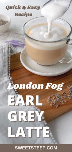 the london fog is being poured into a glass cup