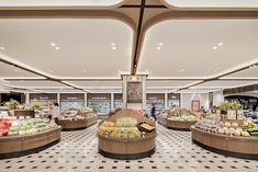 an empty grocery store filled with lots of fresh fruits and veggies on display