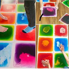 two photos of children playing with colored sand and water on the floor, while one shows their handprints