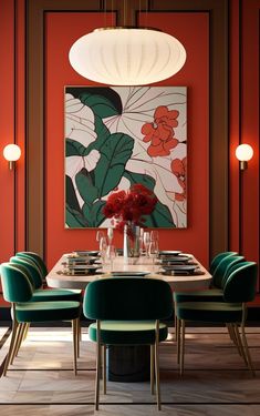 a dining room with red walls and green chairs