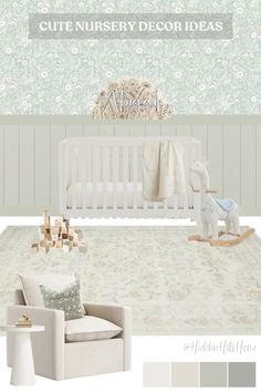 a baby's nursery room is shown in pastel tones, including gray and white