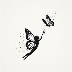 a black and white drawing of two butterflies flying in the air with their wings spread out