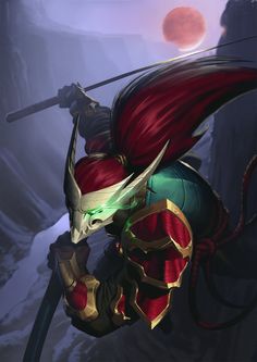 an animated image of a person with red hair and armor holding two swords in their hands