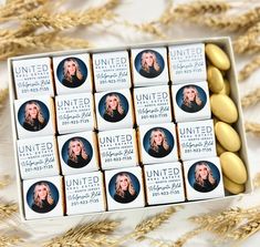 nine cookies in a box with photos of women on them