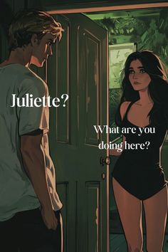 a man standing next to a woman in front of a door with the caption'what are you doing here? '