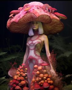 a woman in a dress with mushrooms on her head and fruit around her body, surrounded by foliage