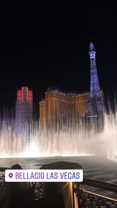 the las vegas hotel and casino is lit up at night with water fountains in front of it