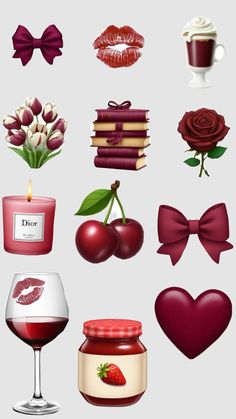 a bunch of different items that are in the shape of hearts, flowers and candles