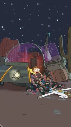 a cartoon character laying on the ground in front of a pile of junk and cars