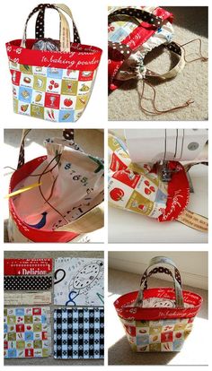 several pictures of different types of handbags and purses in various patterns, sizes and colors