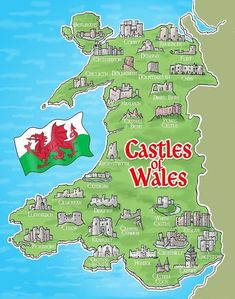 an illustrated map of wales with the flag in red and green on it's side