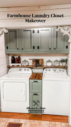 an old fashioned kitchen with white appliances and cabinets in the corner, which is also used as a laundry closet