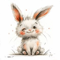 a watercolor painting of a rabbit sitting on the ground with it's eyes open