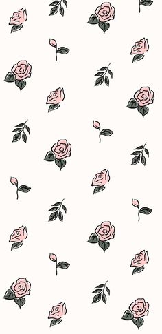 pink roses on a white background with black leaves and stems are drawn in the style of doodle