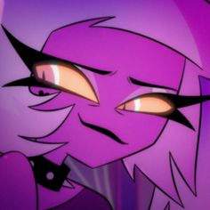 an animated character with yellow eyes and purple hair, looking at something in the distance