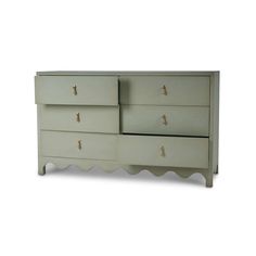 a white dresser with two drawers and gold pulls on the bottom drawer, against a white background