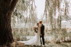 a bride and groom standing in front of a large tree with moss growing on it