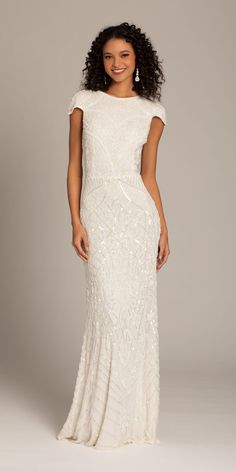 Camille La Vie Geometric Beaded Cap Sleeve Jewel Neck Mesh Column Dress Reception Dresses For Bride, Wedding Dress Over 40, Halter Top Wedding Dress, Gatsby Wedding Dress, Wedding Reception Dresses, 2nd Wedding Dresses, Classic Wedding Dresses, Column Wedding Dress, Second Wedding Dresses